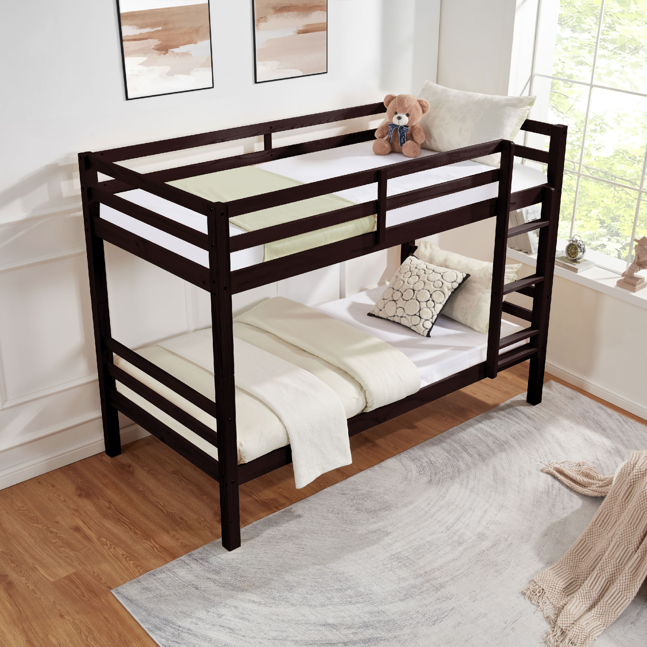 Twin over Twin Bunk Bed with Thick Posts,Wooden Bunk Bed with High Guardrail and Ladder for Kids, Teens, Dorm Rooms, and Guest Rooms,No Box Spring Needed,Espresso Twin over Twin Bunk Bed with Thick Posts,Wooden Bunk Bed with High Guardrail and Ladder for Kids, Teens, Dorm Rooms, and Guest Rooms,No Box Spring Needed,Espresso